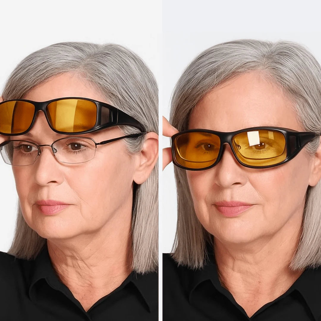 🌙 Sárga polarizált éjszakai vezetőszemüveg👓 2 az 1-ben éjszakai szemüveg – Mehet a dioptriás szemüveged fölé is!