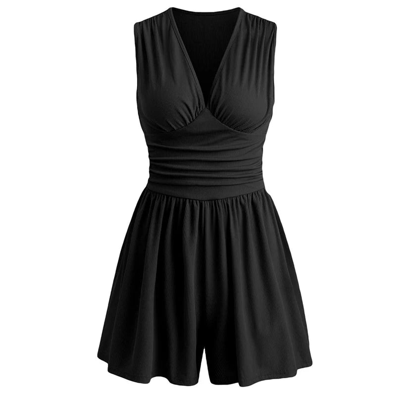 😍2026 tavaszi újdonságok😜45% árcsökkentés🌴Ujjatlan elegáns overall✨V-nyakú plisszírozott egyrészes rövidnadrág – Karcsúsító derék, légkönnyű nyári kényelem!
