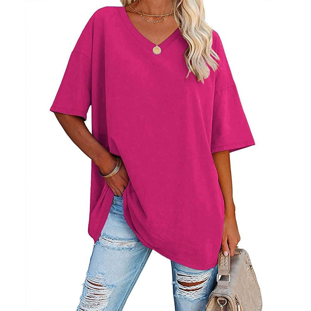 🎁Ingyenes ajándék👕 Laza szabású V-nyakú póló – Puha, könnyű, kényelmes🌸 Divatos, kiszélesedő szegély!