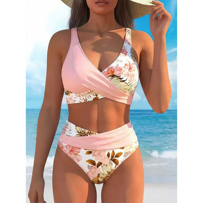 👙 Körbeölelő felső V-kivágással + magas derekú alsó🌸 Élénk virágminták + kivehető párnázott betétek！