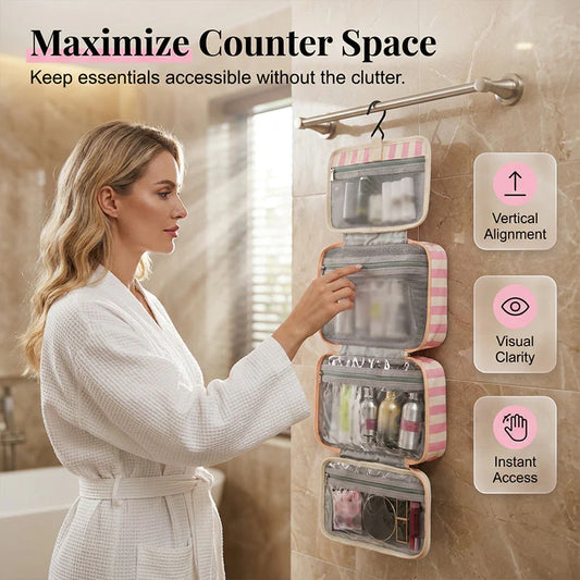 🧳 Csíkos függő toalett táska – 4 átlátszó rekesz + beépített akasztó🚿 Vízálló, könnyen tisztítható！