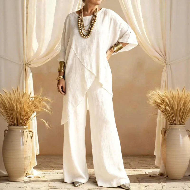 📿Ingyenes gyönyörű nyaklánc🌿 Könnyű széles szárú outfit✨ Aszimmetrikus kétrészes szett – Laza szabás és modern stílus!