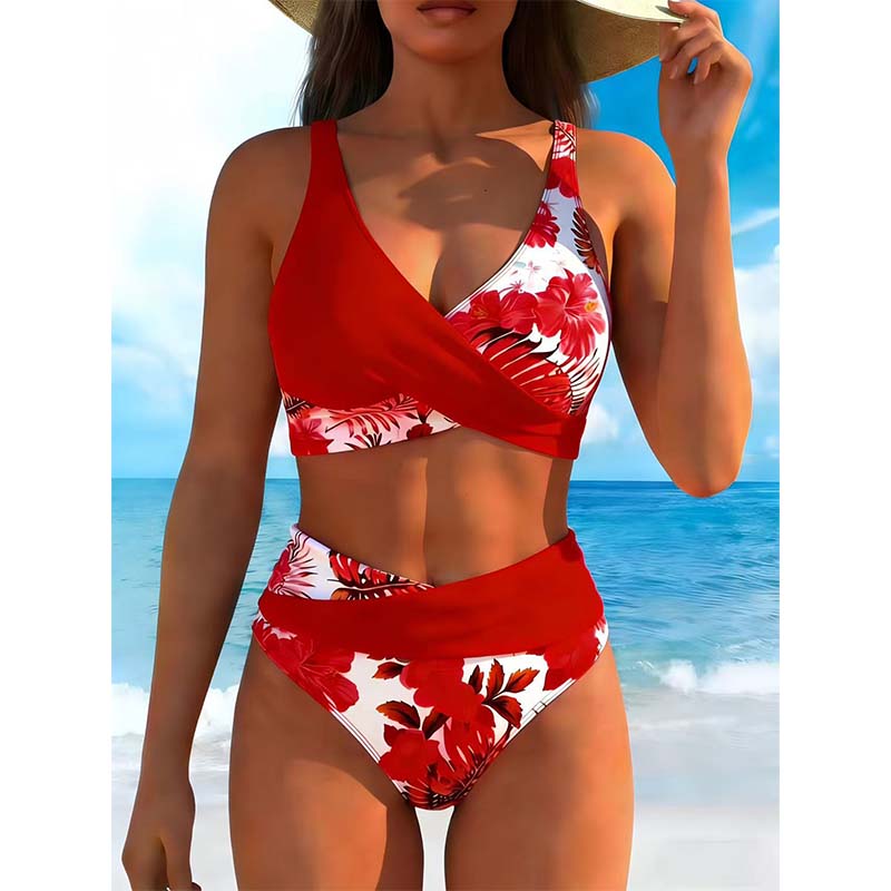 👙 Körbeölelő felső V-kivágással + magas derekú alsó🌸 Élénk virágminták + kivehető párnázott betétek！