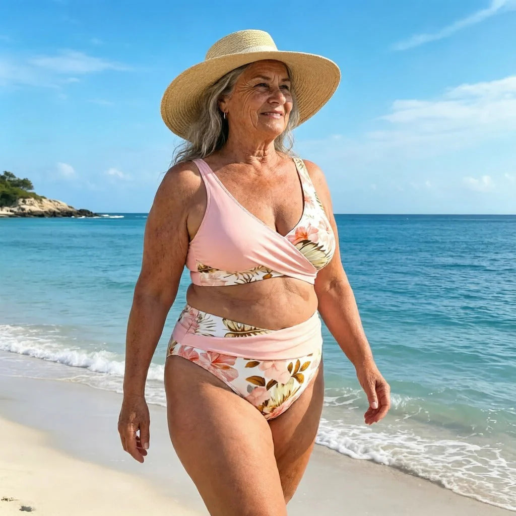 👙 Körbeölelő felső V-kivágással + magas derekú alsó🌸 Élénk virágminták + kivehető párnázott betétek！