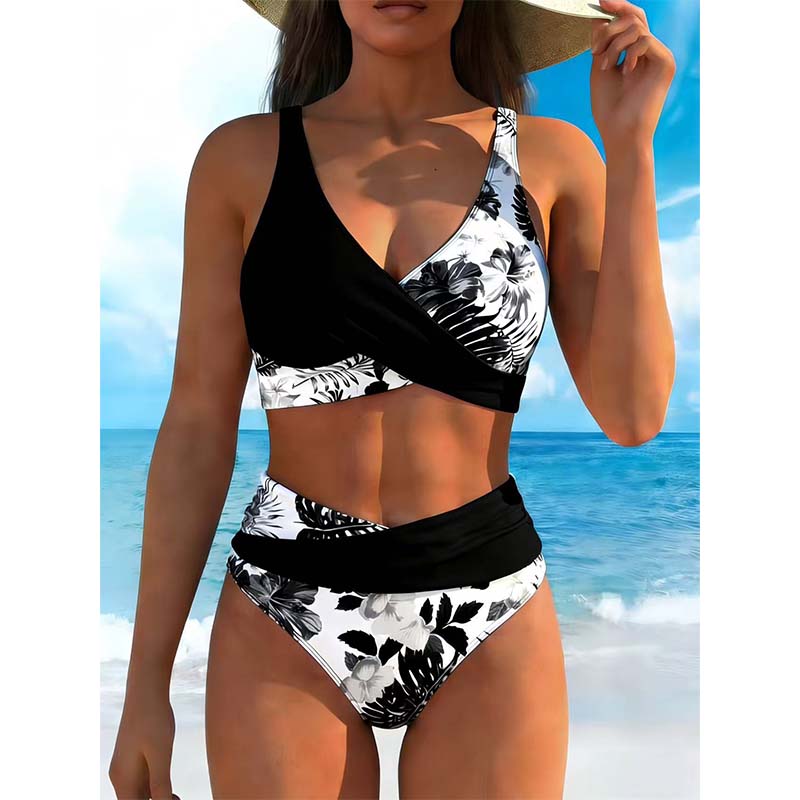 👙 Körbeölelő felső V-kivágással + magas derekú alsó🌸 Élénk virágminták + kivehető párnázott betétek！