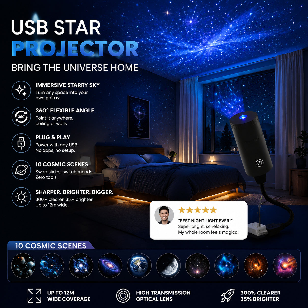 🌌 360°-ban állítható csillagprojektor – Válts 10 kozmosz világ között✨ 300%-kal élesebb kép + 35%-kal nagyobb fényerő！