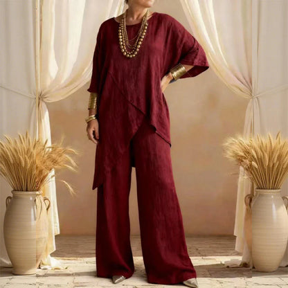 📿Ingyenes gyönyörű nyaklánc🌿 Könnyű széles szárú outfit✨ Aszimmetrikus kétrészes szett – Laza szabás és modern stílus!