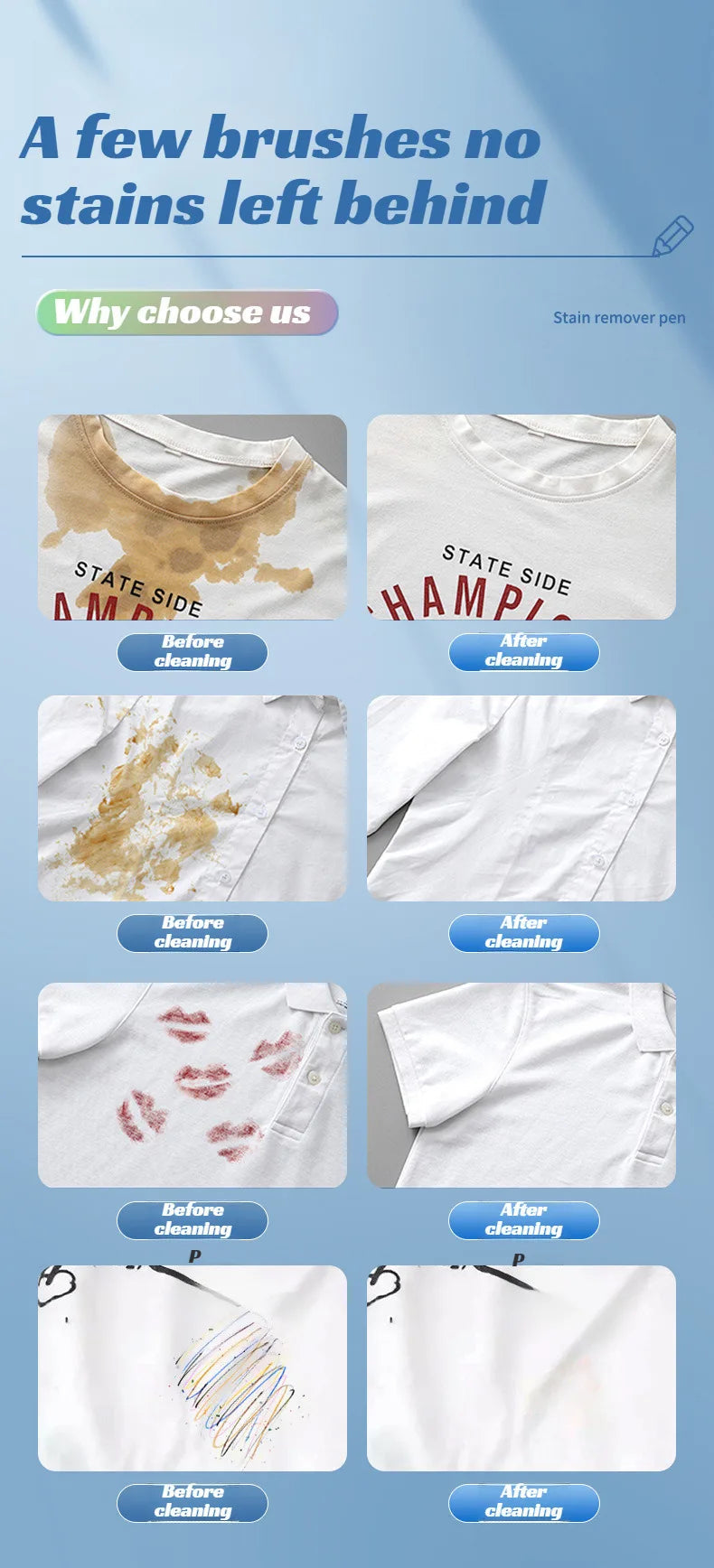 🧼Azonnali folttisztítás, nincs többé kínos helyzet! Gyorsan eltávolítja a zsír-, szósz- és rúzsfoltokat!