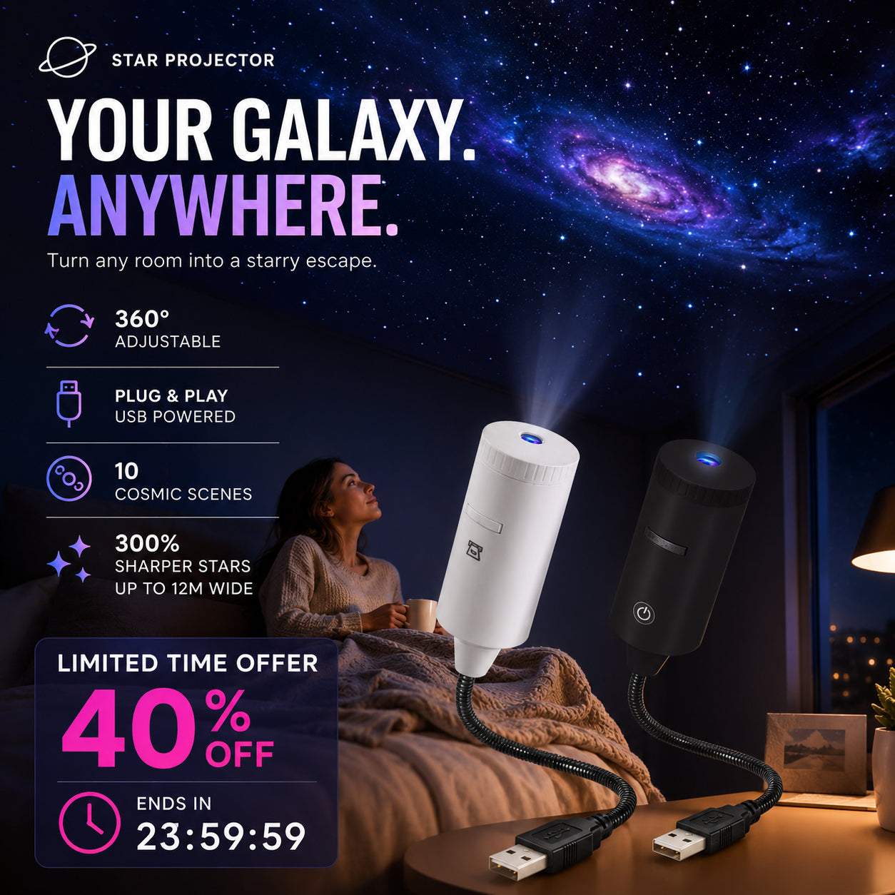 🌌 360°-ban állítható csillagprojektor – Válts 10 kozmosz világ között✨ 300%-kal élesebb kép + 35%-kal nagyobb fényerő！