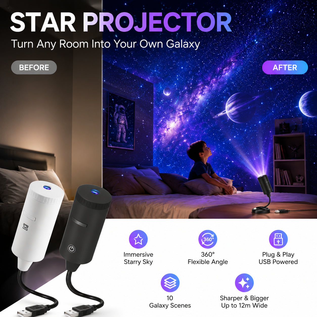 🌌 360°-ban állítható csillagprojektor – Válts 10 kozmosz világ között✨ 300%-kal élesebb kép + 35%-kal nagyobb fényerő！