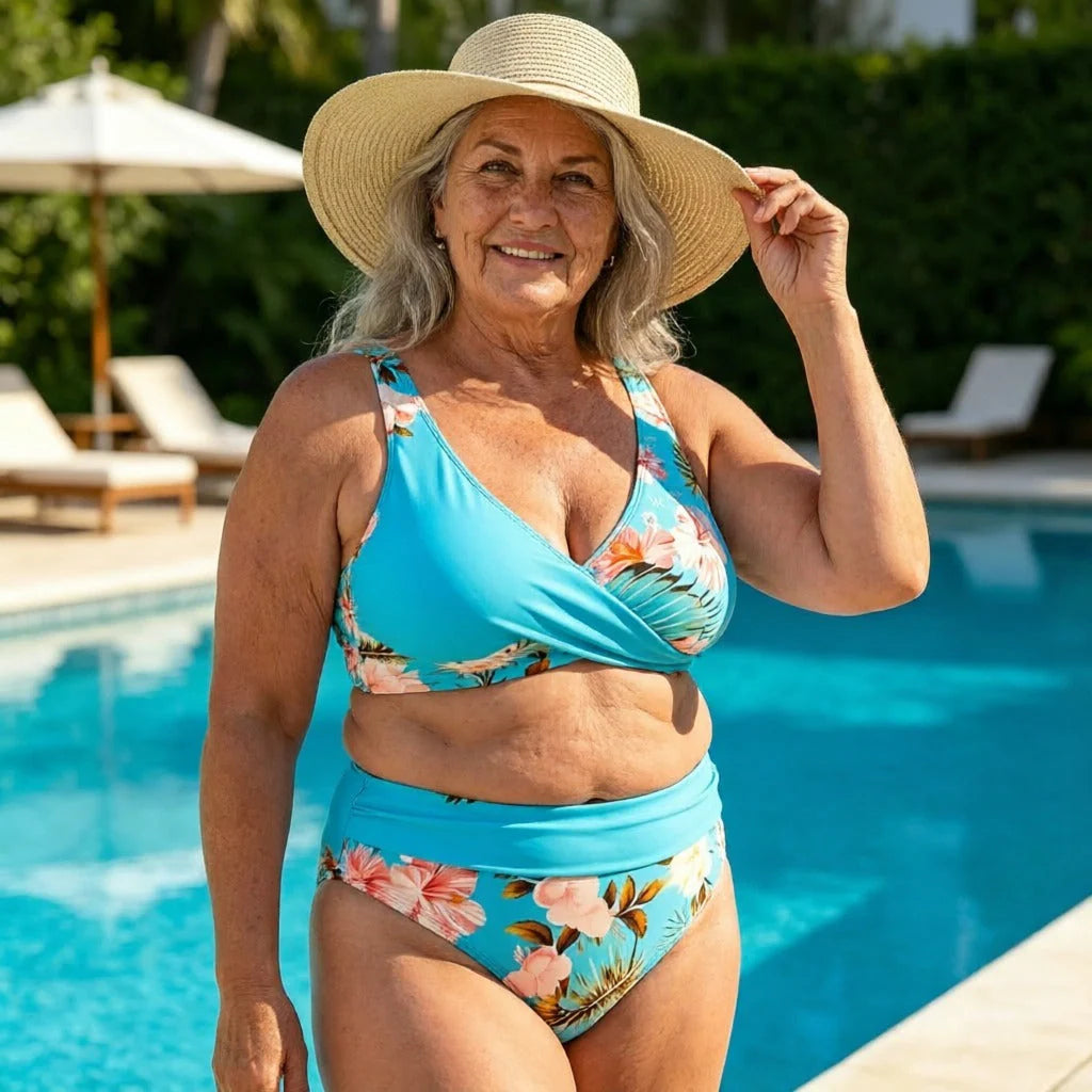 👙 Körbeölelő felső V-kivágással + magas derekú alsó🌸 Élénk virágminták + kivehető párnázott betétek！